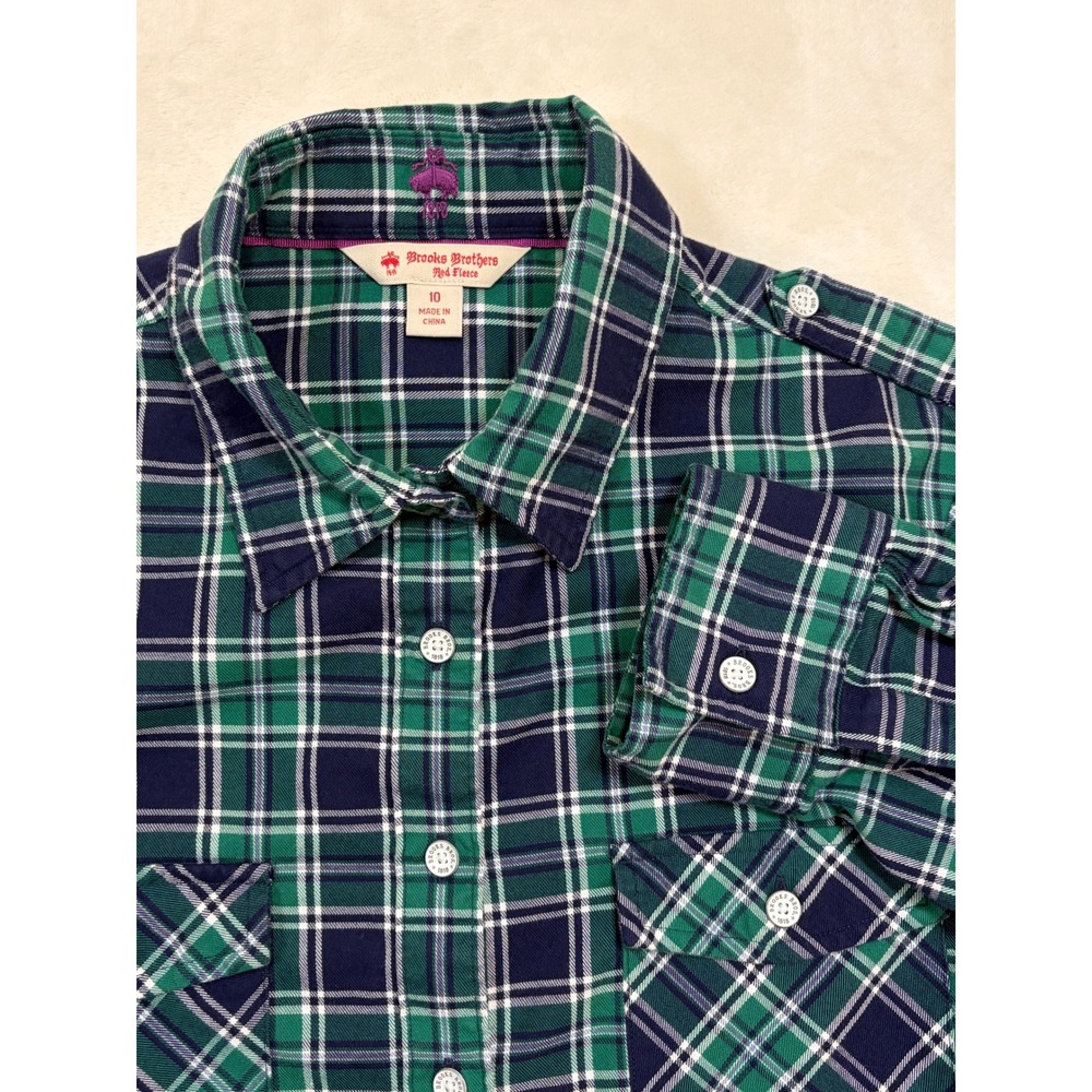 Brooks Brothers Green Navy Plaid Flannel Button Down Shirt Women 10 Excellent